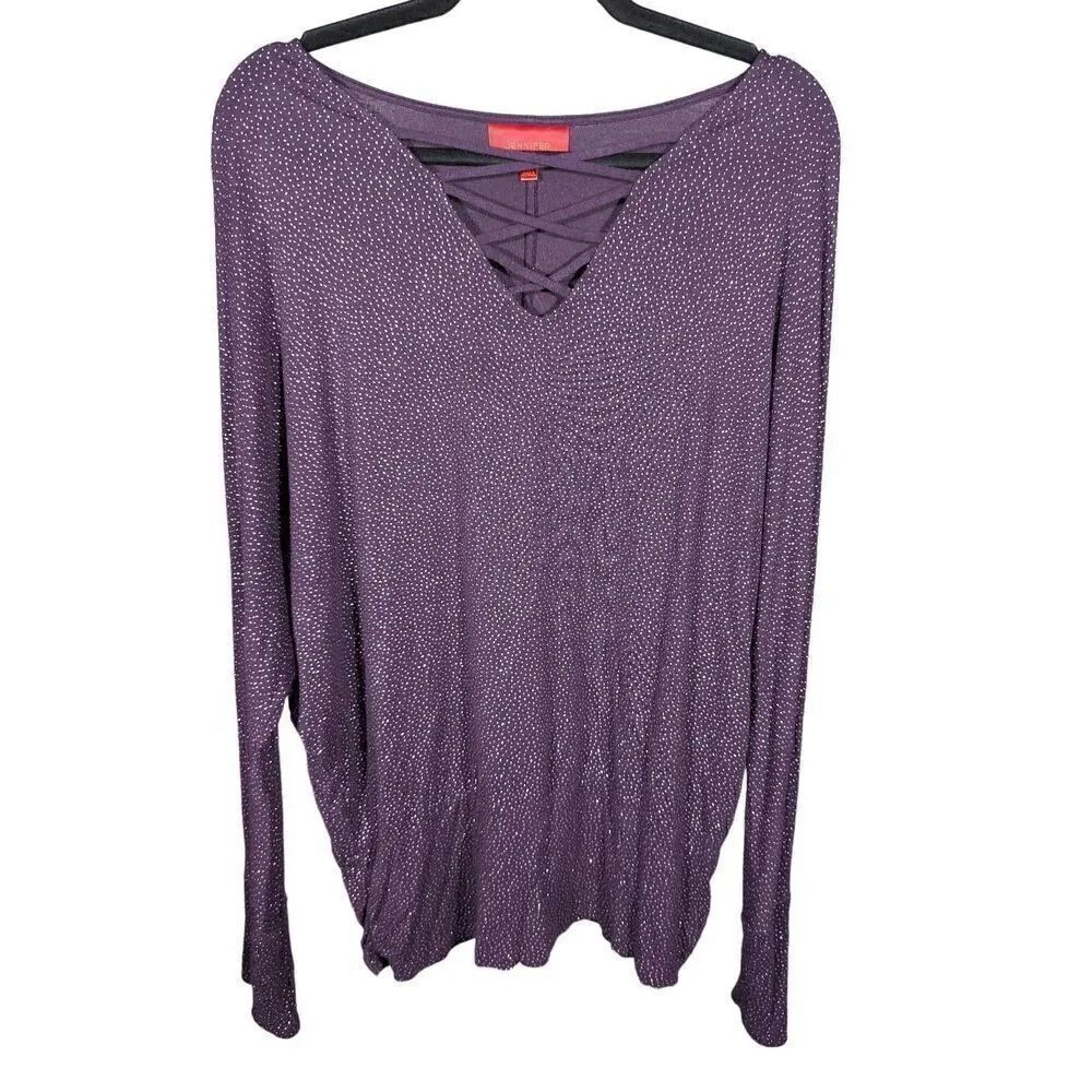 Jennifer Lopez Purple Spark Glitter Criss Cross Neckline Top Blouse Women's Size